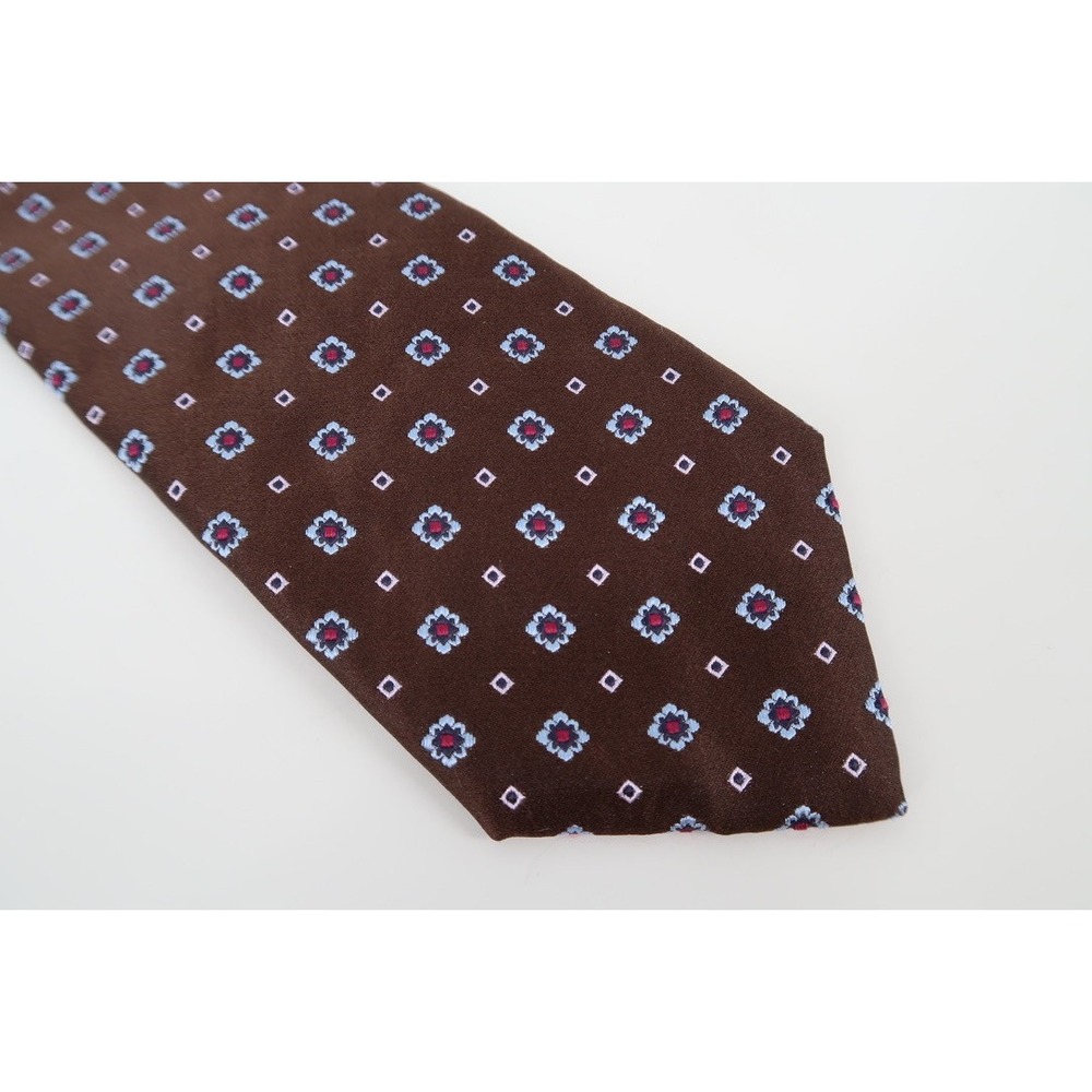 Isaia Napoli Silk Tie Mens OS Brown Blue Floral Geometric 7-Fold Handmade Italy - Picture 4 of 10
